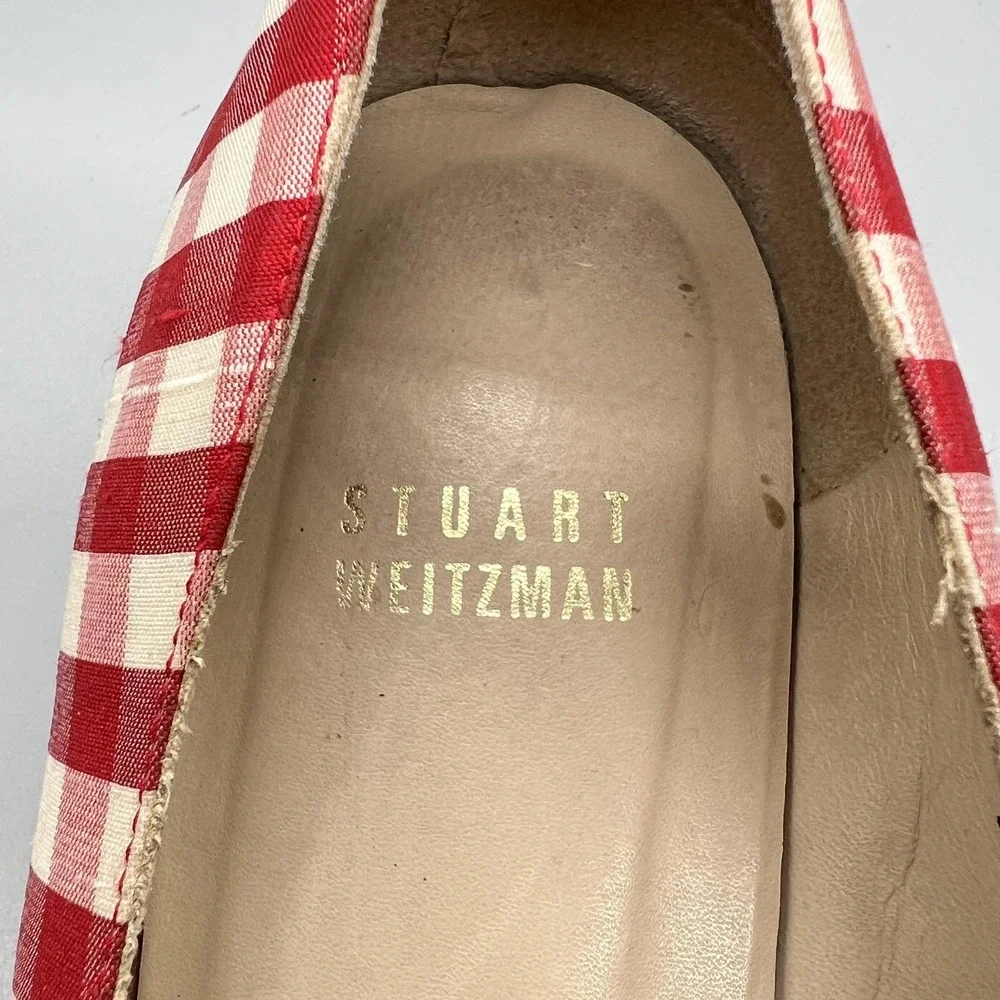 Stuart Weitzman Shoes Womens 6.5 Red Gingham Cotton Espadrille Flats Bow Vtg